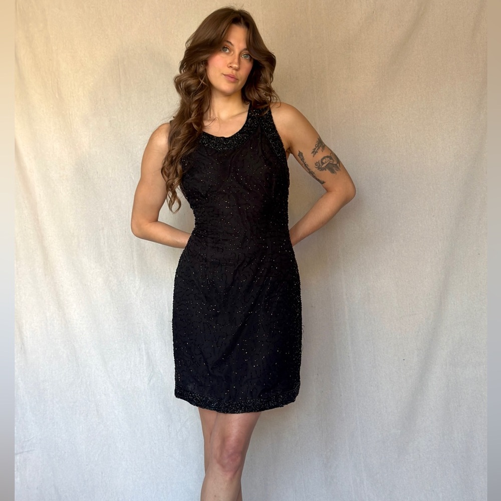 Vintage 90s LBD - Black Beaded Mini Silk Cocktail Wedding Dress